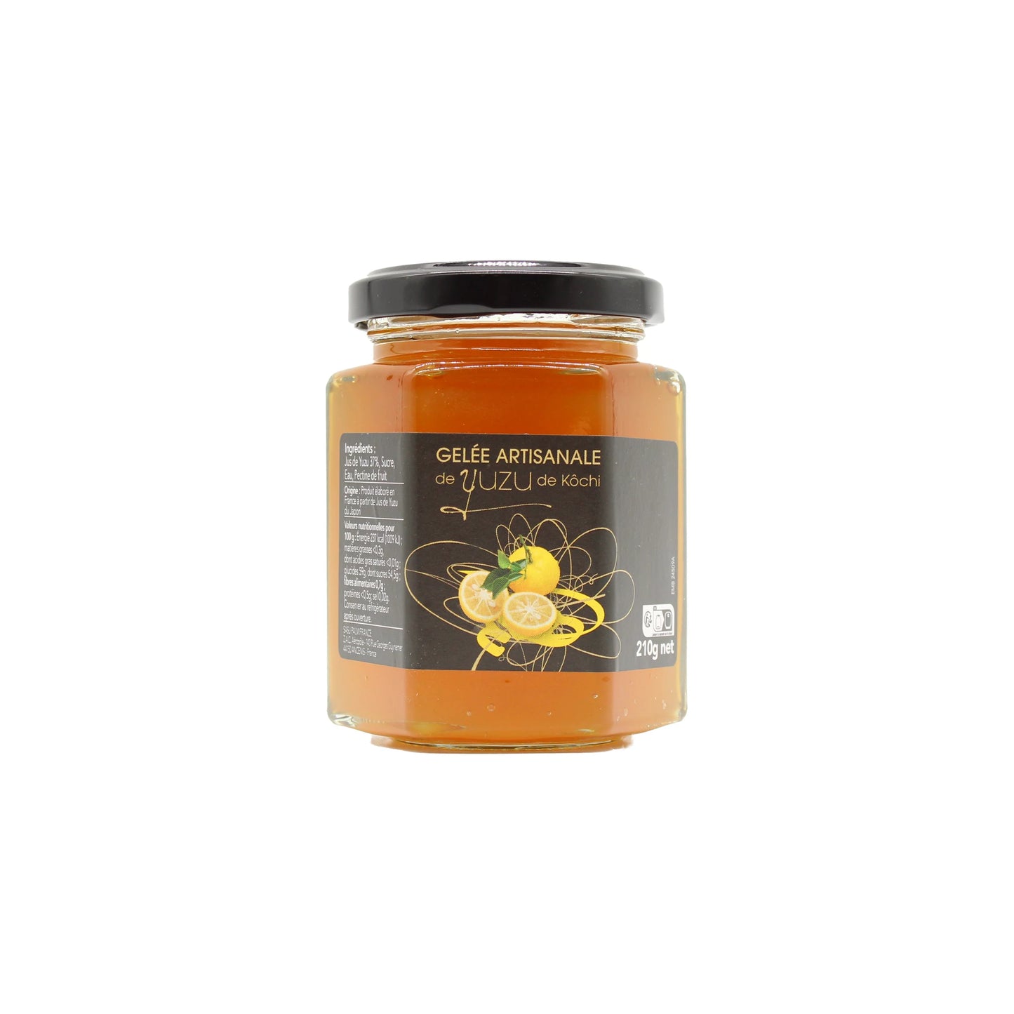 A 210g glass jar of Yuzu Jelly from Kochi, featuring a black lid and a label with yellow fruit illustrations and French text.