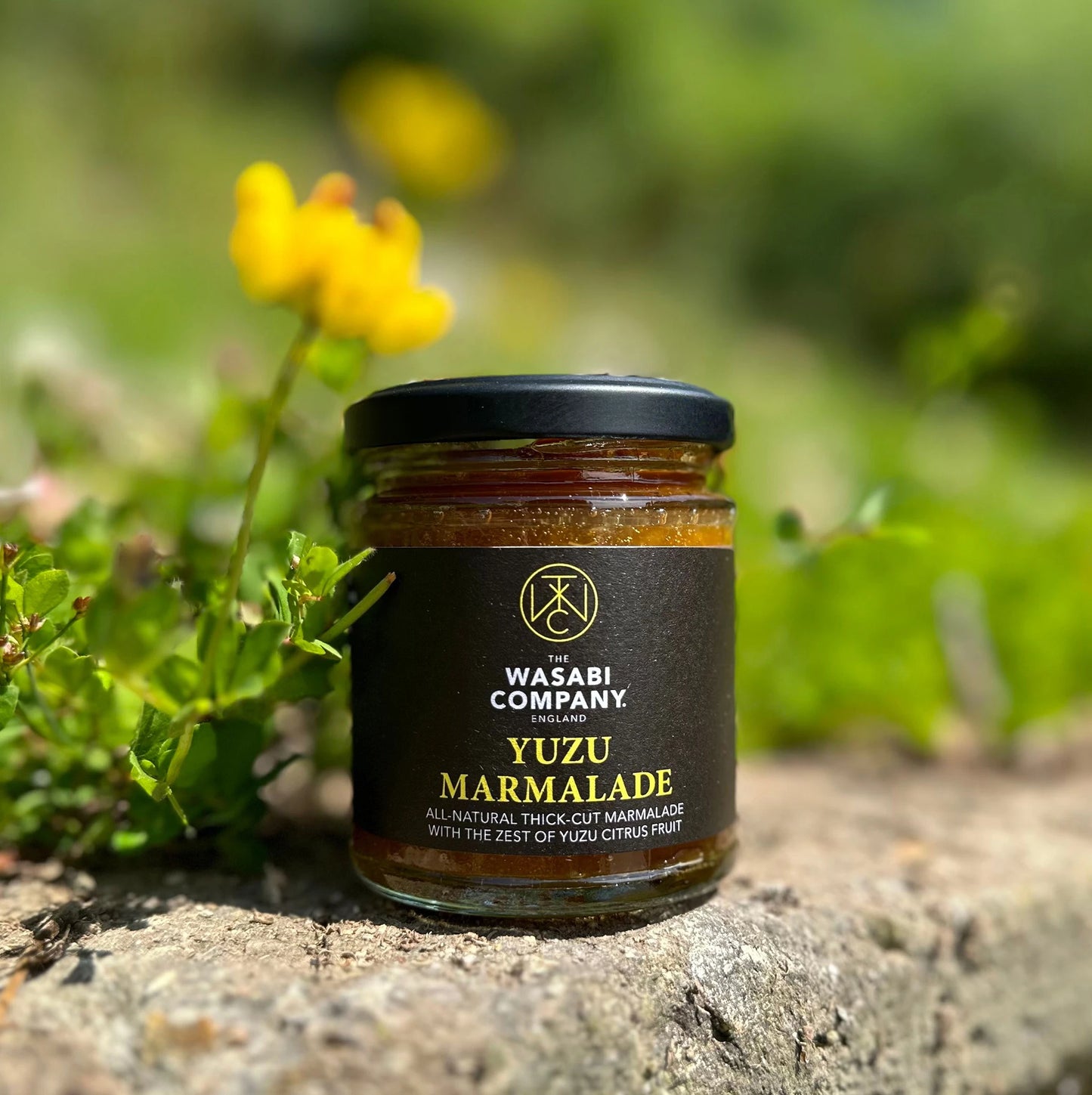 A jar of Yuzu Marmalade - 210g rests on a stone outdoors, surrounded by green grass and a yellow flower in the background.