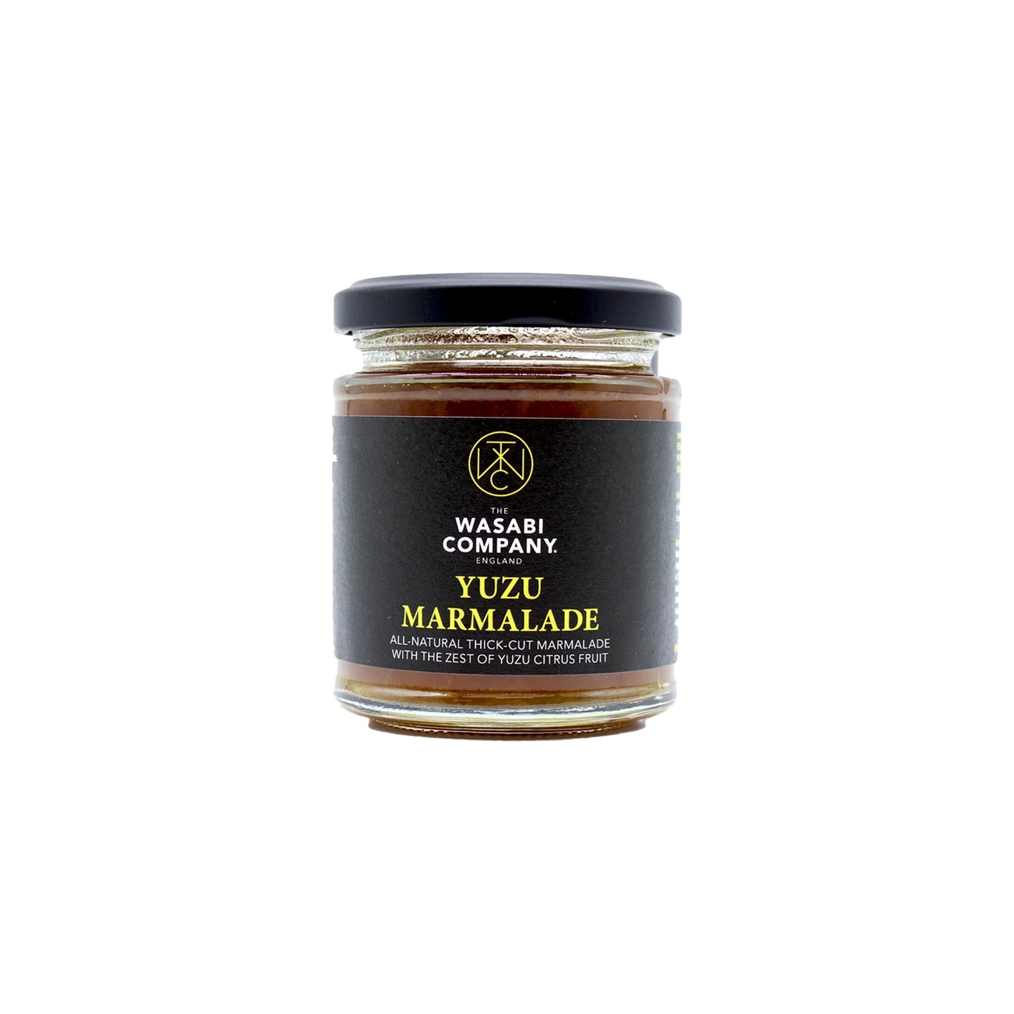 A 210g glass jar of Yuzu Marmalade with a black lid and label, featuring yellow and white text, made from all-natural Japanese citrus fruit and yuzu peel.