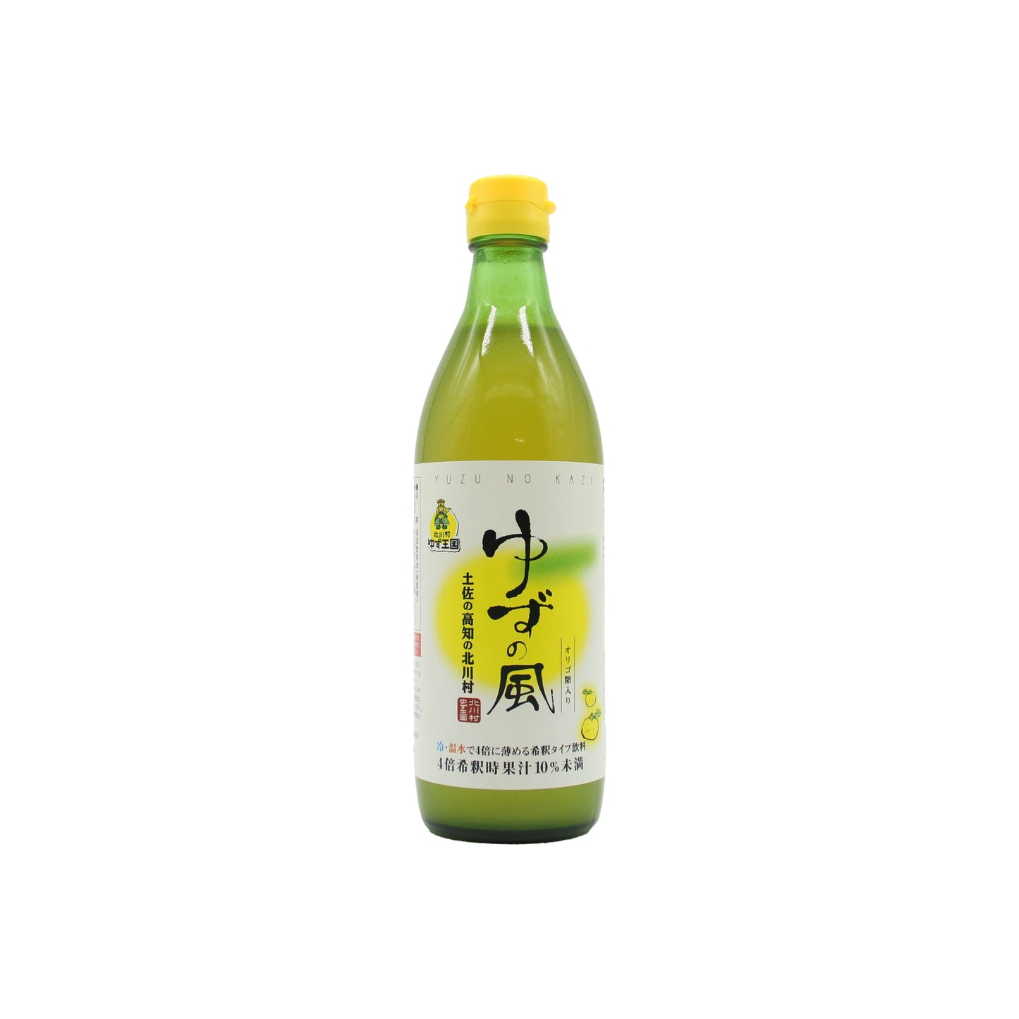 A green bottle of Yuzu Syrup from Kochi - 500ml, featuring a yellow cap and a white label with Japanese text, is displayed on a plain white background.