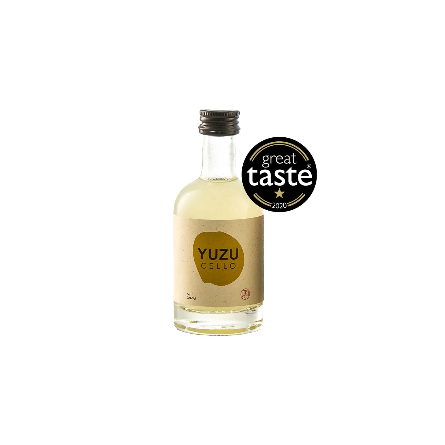 A clear glass bottle of Yuzucello - 5cl citrus yuzu liqueur stands beside a black Great Taste 2020 award badge on a white background.