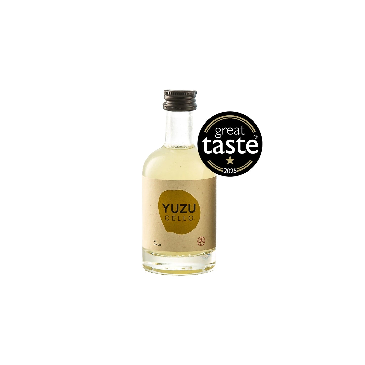 A small 5cl bottle of Yuzucello with a brown cap, pictured next to a black Great Taste 2026 award badge on a white background—this elegant Japanese citrus liqueur makes the perfect yuzu gift for connoisseurs.