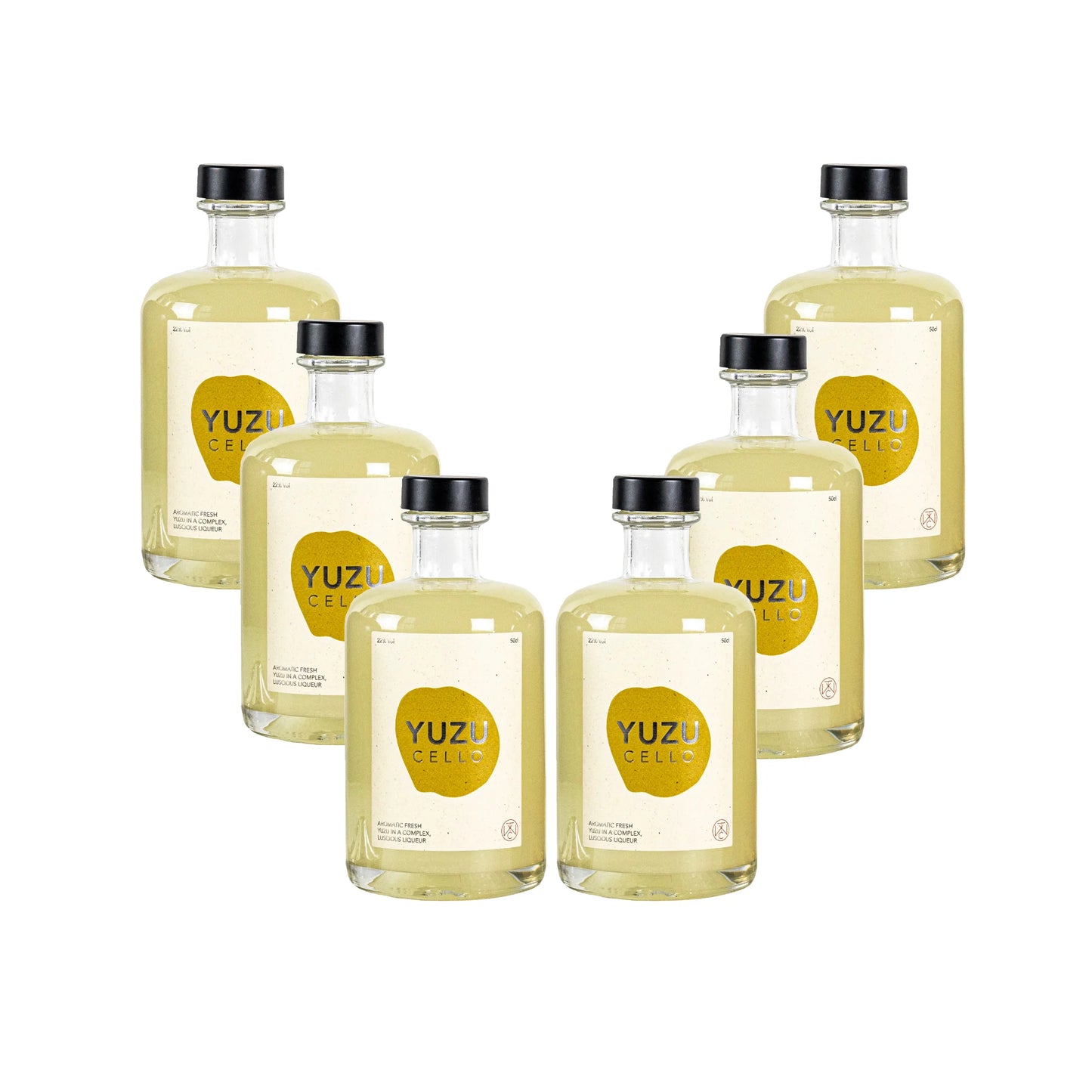 
                  
                    Six Yuzucello - 50cl clear glass bottles with black caps are arranged in a V shape on a white background, highlighting the aromatic and refreshing citrus flavors of this yuzu liqueur.
                  
                