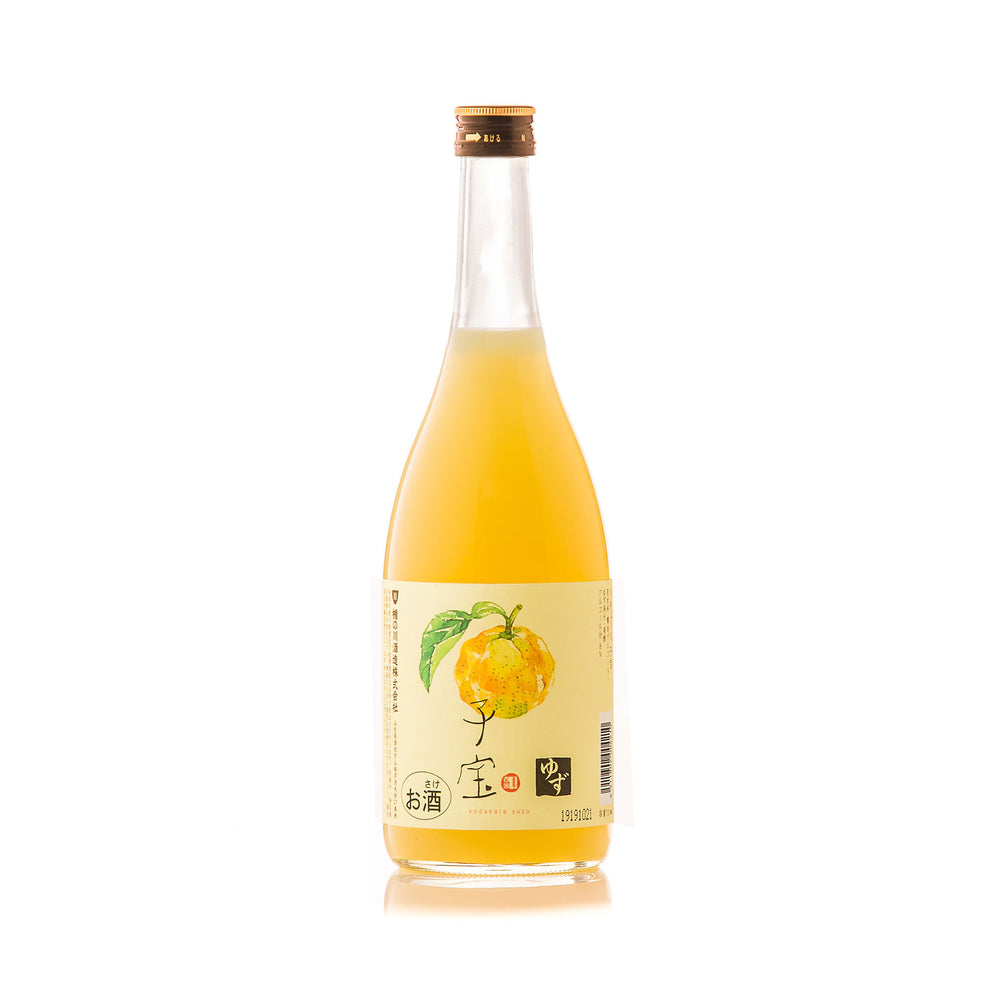 A clear glass bottle filled with yellow liquid, labeled with a yuzu fruit and Japanese text—this is Yuzushu - Yuzu with Shochu (720ml), a refreshing yuzushu liqueur.