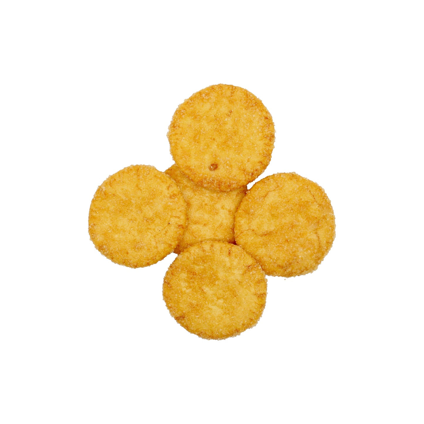 
                  
                    Five round, golden-brown Zarame Senbei Japanese Rice Crackers (96g) are arranged in a cross pattern on a white background, showcasing these classic sweet soy sauce-flavored snacks.
                  
                