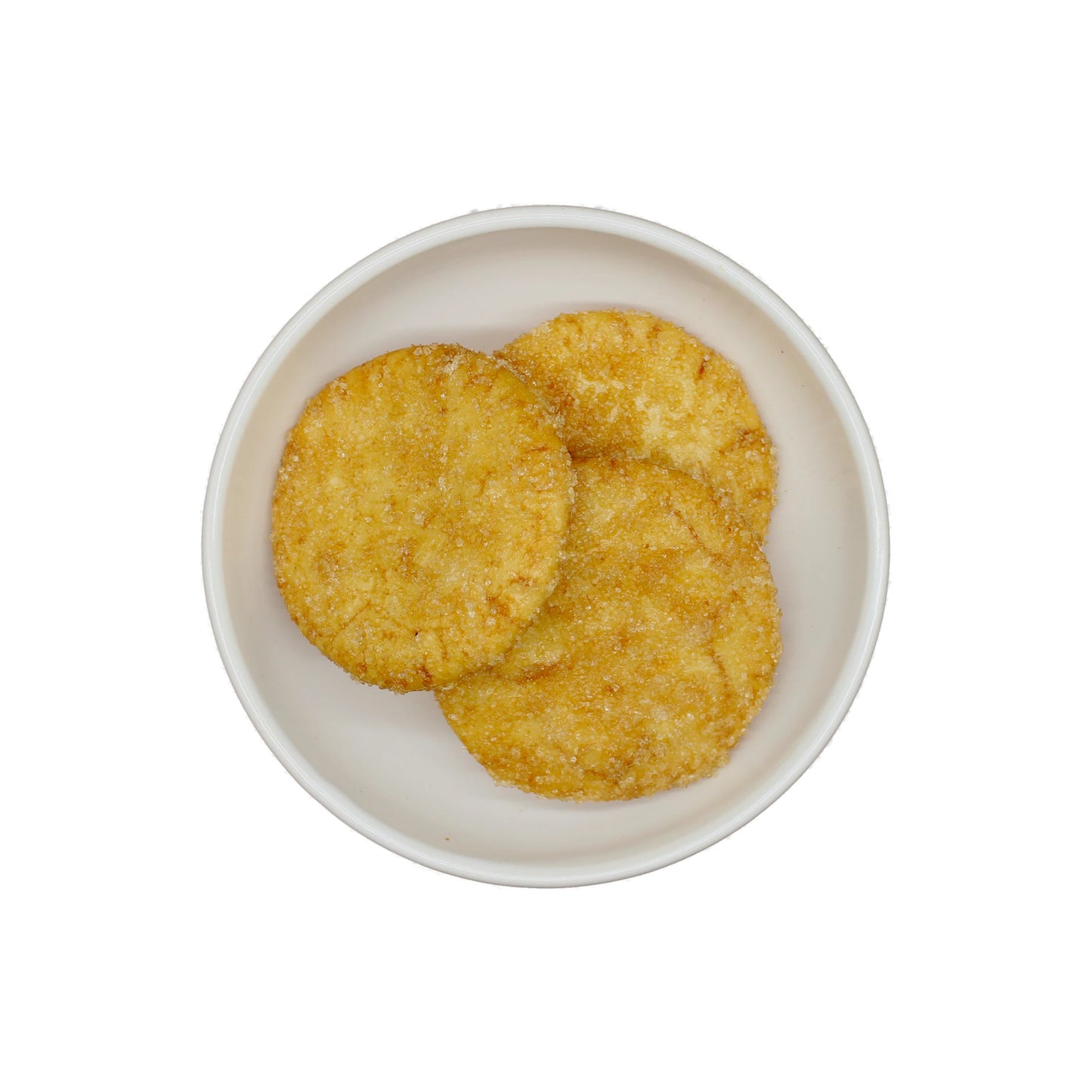 
                  
                    A white bowl holds three golden-brown Japanese Rice Crackers - Zarame Senbei 96g, glazed in sweet soy sauce, on a white background.
                  
                