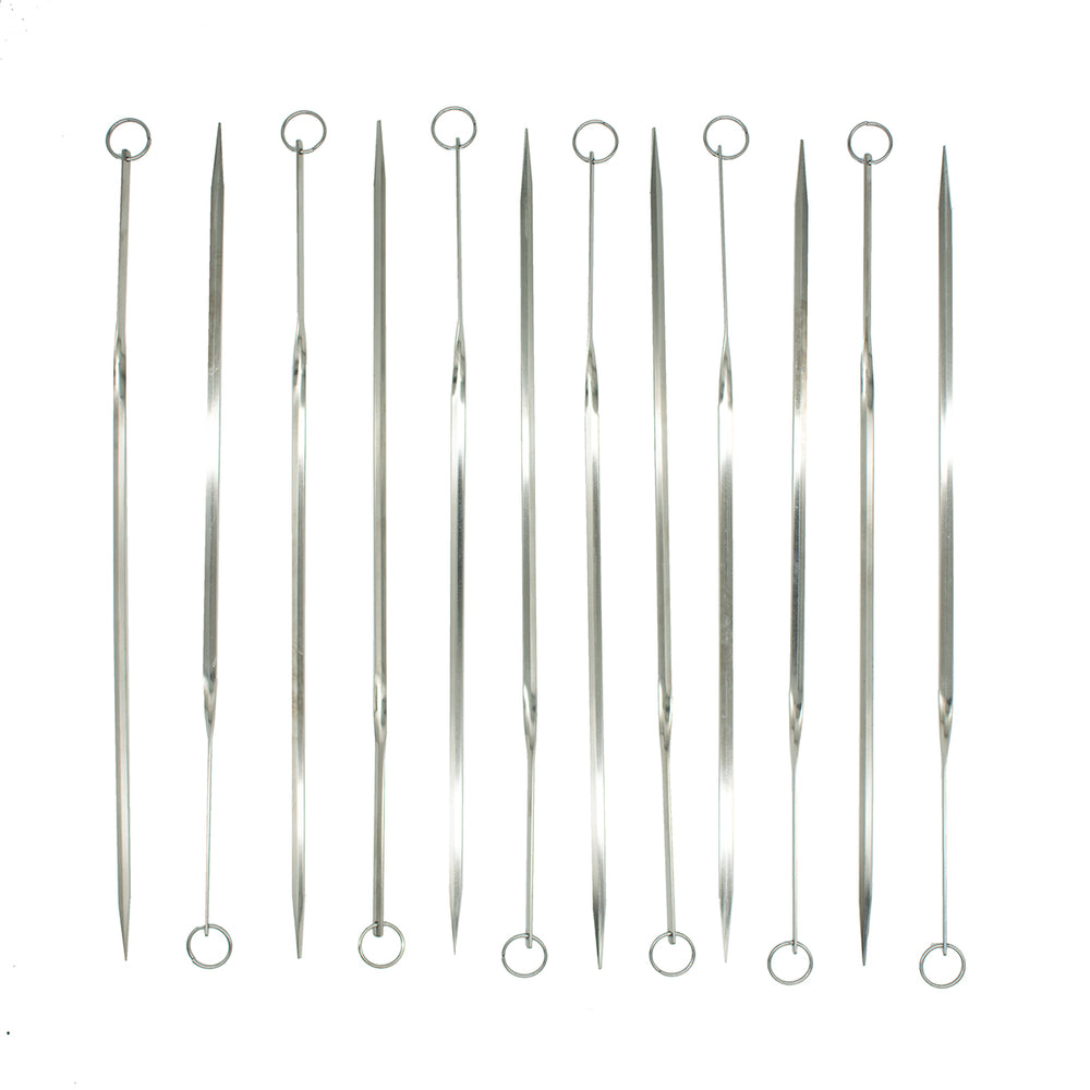 
                  
                    Twelve Premium BBQ Skewer - 30cm, stainless steel with looped ends, are arranged vertically on a white background—ideal for tabletop barbecues.
                  
                