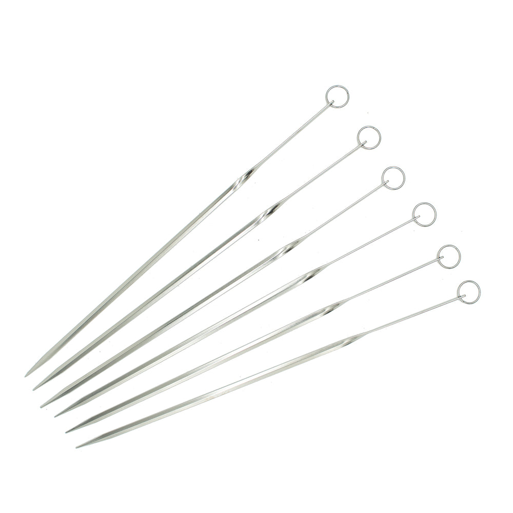 Six Premium BBQ Skewer - 30cm stainless steel skewers with looped handles are arranged in a fan shape on a white background, ideal for tabletop barbecues or as Japanese skewers.