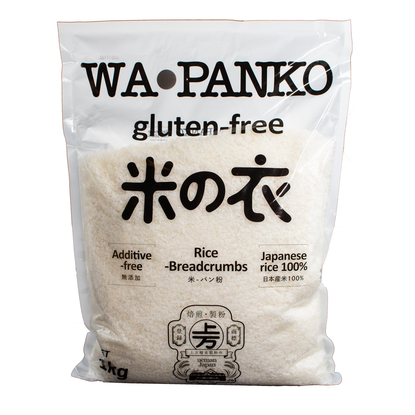 A clear plastic bag of Gluten Free Rice Panko Breadcrumbs, labeled additive-free and made from 100% Japanese rice, with black text and Japanese characters on the packaging.