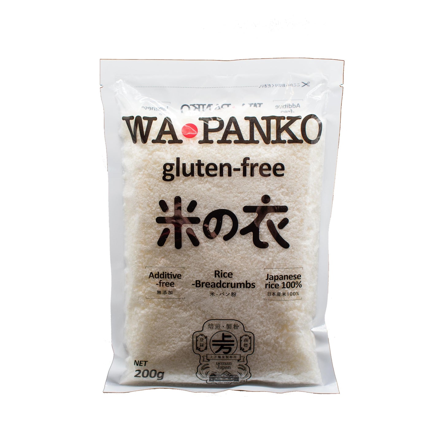 A 200g bag of Gluten Free Rice Panko Breadcrumbs, made from 100% Japanese rice for a light, crisp texture, and labeled additive-free.