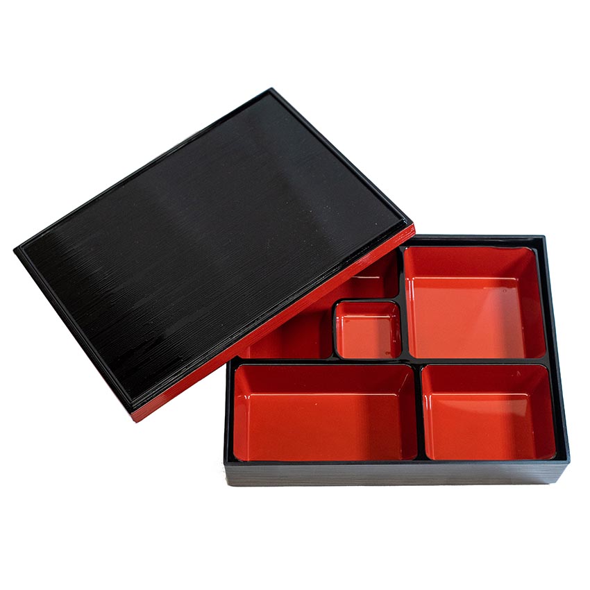 The Bento Box – 5 Section in Black & Red Lacquer features five compartments and a matching black lid, ideal for packing a stylish lunch.