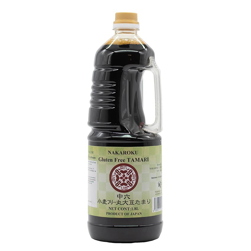 Gluten Free Tamari Soy Sauce from Nakaroku - 1.8L offers rich umami flavors in an authentic Japanese sauce. With a green label and handle, it’s perfect for those wanting gluten free soy sauce without sacrificing taste.
