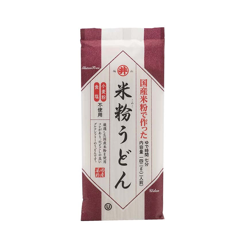 Gluten Free Udon Noodles - 142g: Japanese rice flour and potato starch noodles in bold red and white packaging with Japanese text and branding on the front.