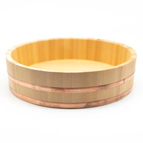Hangiri, Cypress Wood & Copper Rice Bowl—crafted from smooth Kiso Sawara Cypress with two copper accent bands, empty and set against a white background.