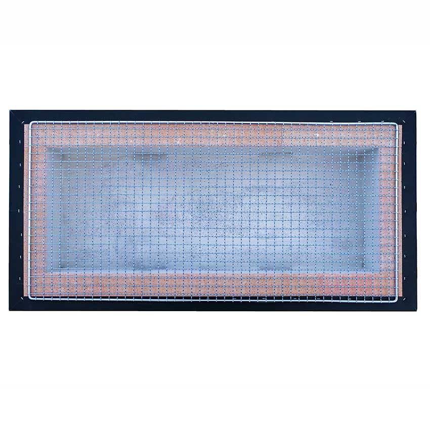 
                  
                    Rectangular metal mesh screen with a black frame, viewed from above. Designed for use with the Konro Grill, Table Barbecue - 69cm, its evenly spaced mesh and sturdy corners ensure reliable grilling performance.
                  
                