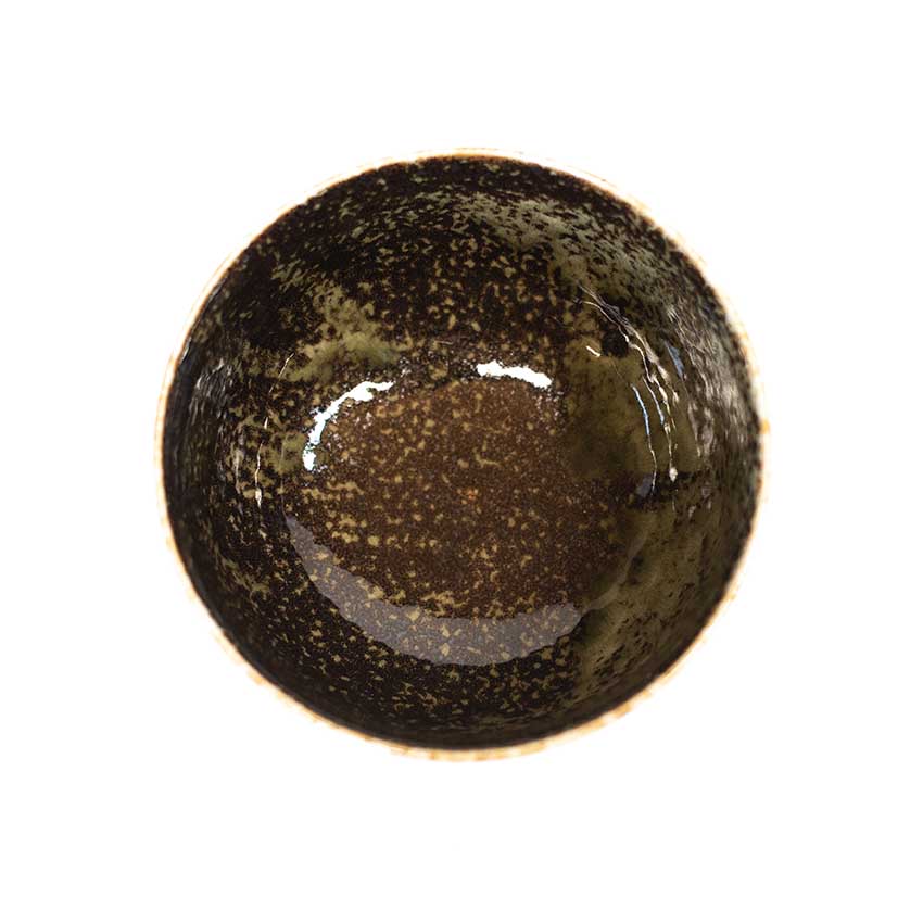 The Miso Bowl - Black & Sage is a handmade round ceramic bowl with a speckled black and sage glaze, perfect for miso soup, shown from above on a white background.