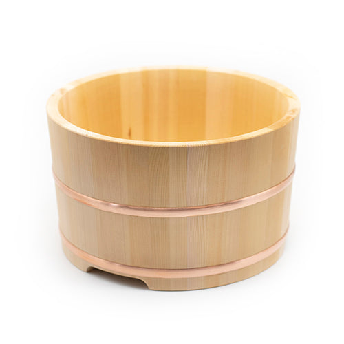 
                  
                    An Ohitsu, Cypress Wood Rice Bowl with Lid, featuring a round, light-colored design with two horizontal bands and a small base cutout, is displayed on a plain white background.
                  
                