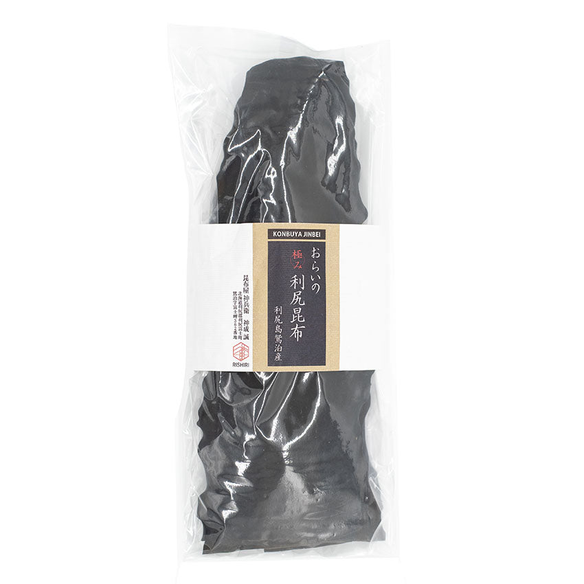 Rishiri Kelp - 100g: Vacuum-sealed dried konbu seaweed with a white Japanese-labeled pack, prized for natural umami flavor and renowned health benefits.