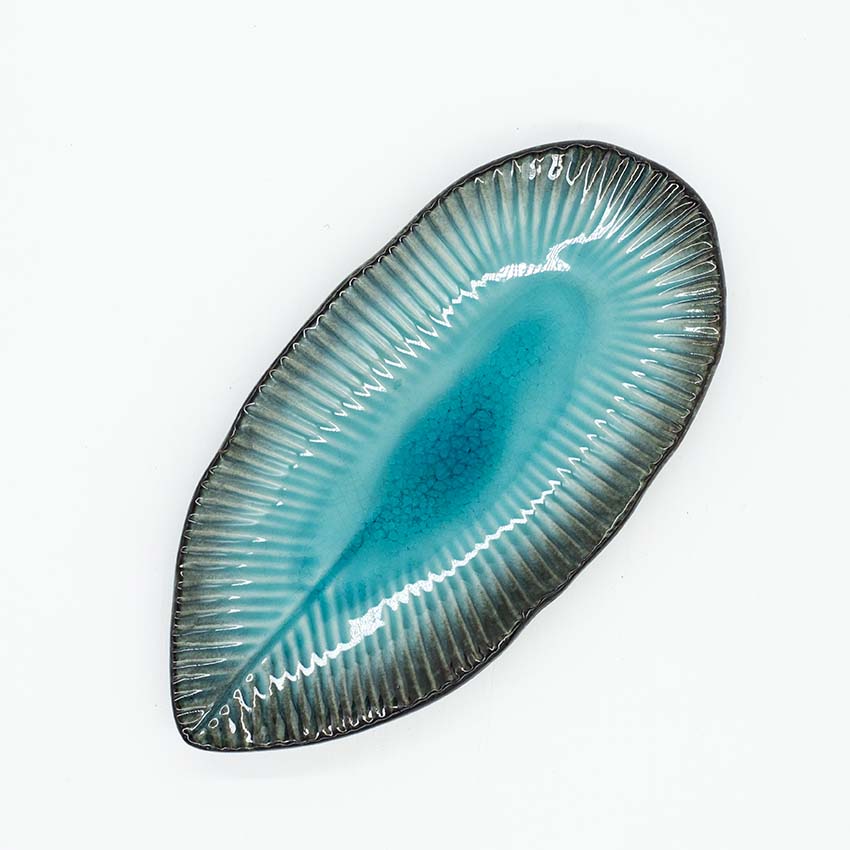 The Sashimi Platter - Oval in Sky Blue 21cm from Takai Kiln features a textured ribbed edge and gradient blue-green glaze at the center, shown on a white background.