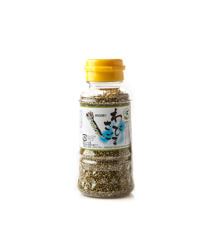 
                  
                    A clear plastic bottle with a yellow cap labeled in Japanese and English contains Sesame Seeds with Wasabi flavour.
                  
                