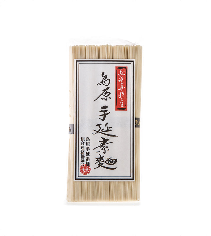 A 250g package of Thin Wheat Somen Noodles features a white label with black and red Japanese text on a plain white background, made from white wheat flour in the handmade Japanese Shimabara style.