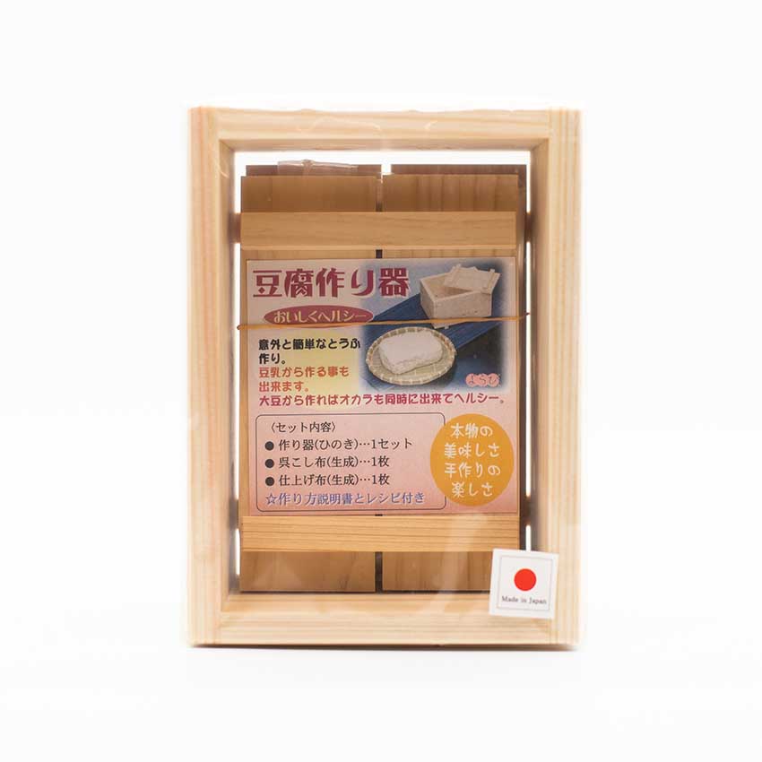 The Tofu Press, made from Hinkoi cypress wood, features Japanese text and images on its label plus a Made in Japan tag—ideal for vegetarians and homemade tofu lovers.
