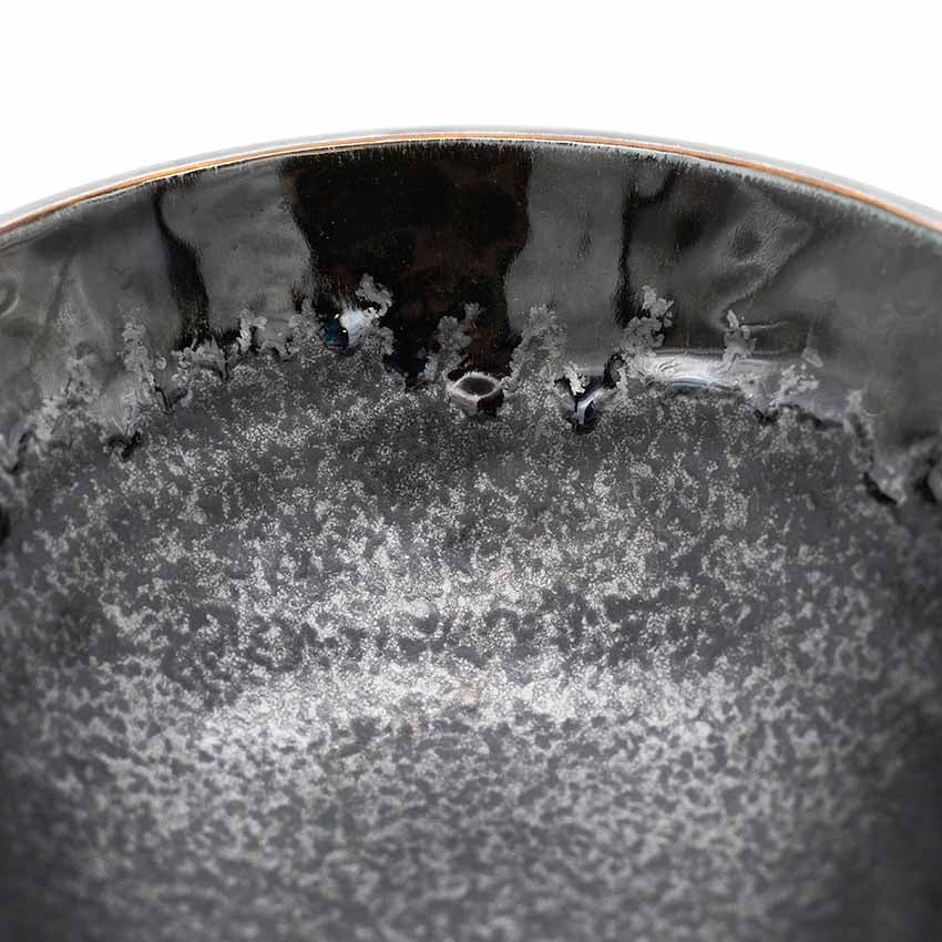 Close-up of the inner rim of the Udon Bowl - Matt Black with Shiny Edge, featuring a handmade look, speckled texture, and glossy finish along the edge.